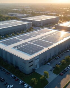 Large modern data center campus with solar panels on rooftops. Buildings arranged in a row, vast parking lots filled with cars surrounded by green trees and clear sky.