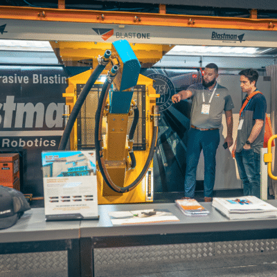 B5200_Josh Shepard Showing Attendee The Blastman Robot in B1 Container Booth (1) B5200_Josh Shepard Showing Attendee The Blastman Robot in B1 Container Booth (1)