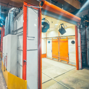 Industrial combination wash and paint booth supporting efficient surface preparation and coating